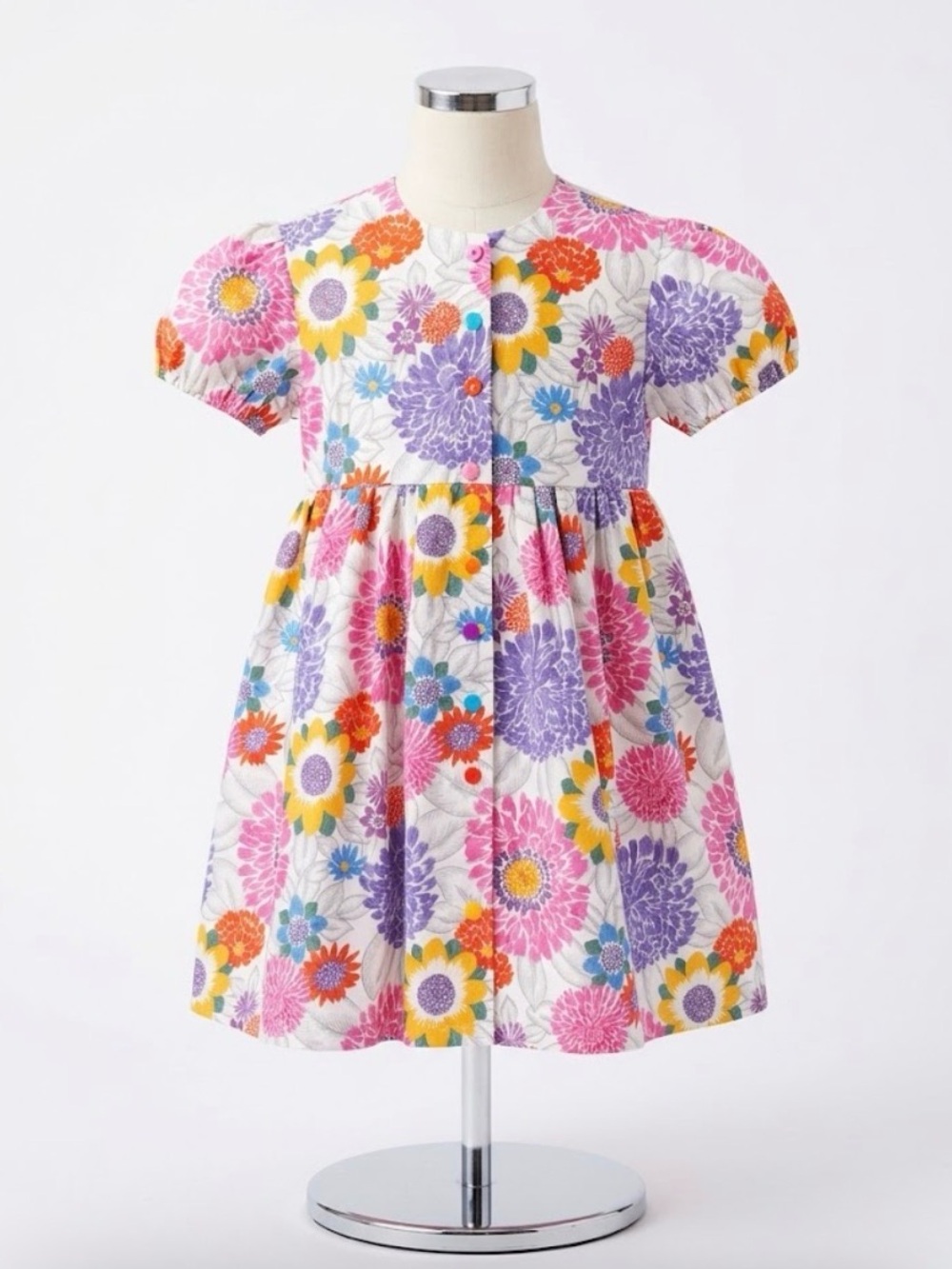 Girls' Floral Cotton Short-Sleeve Dress in Multi-Color
